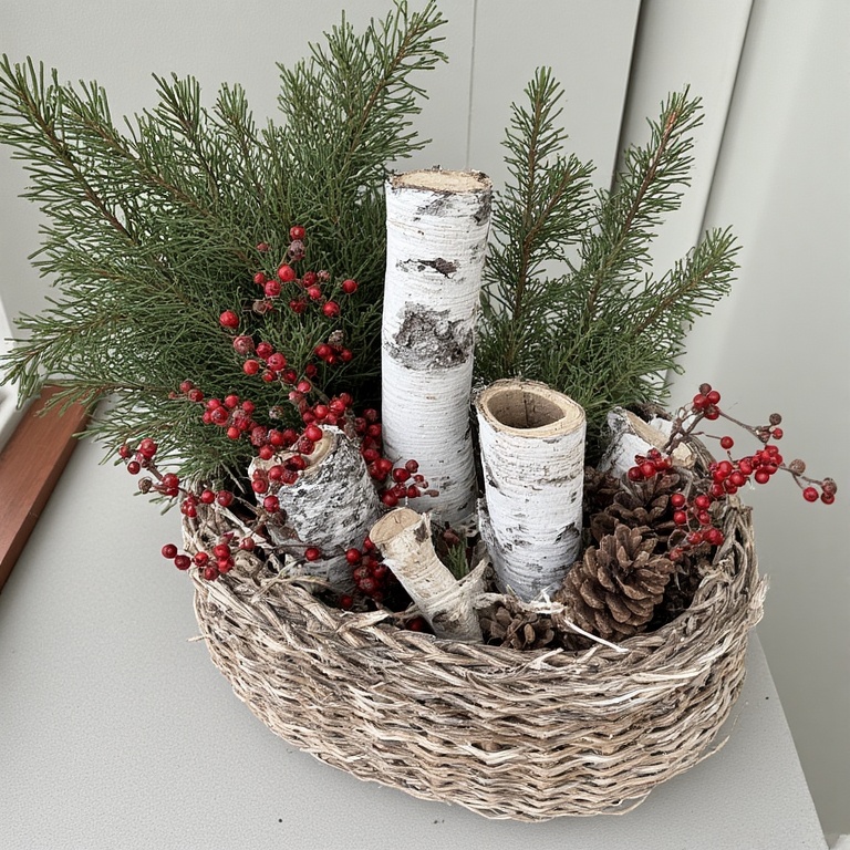Incorporate Natural Elements: Pinecones, birch logs, and red berries look beautiful in a basket or arranged in a planter. 