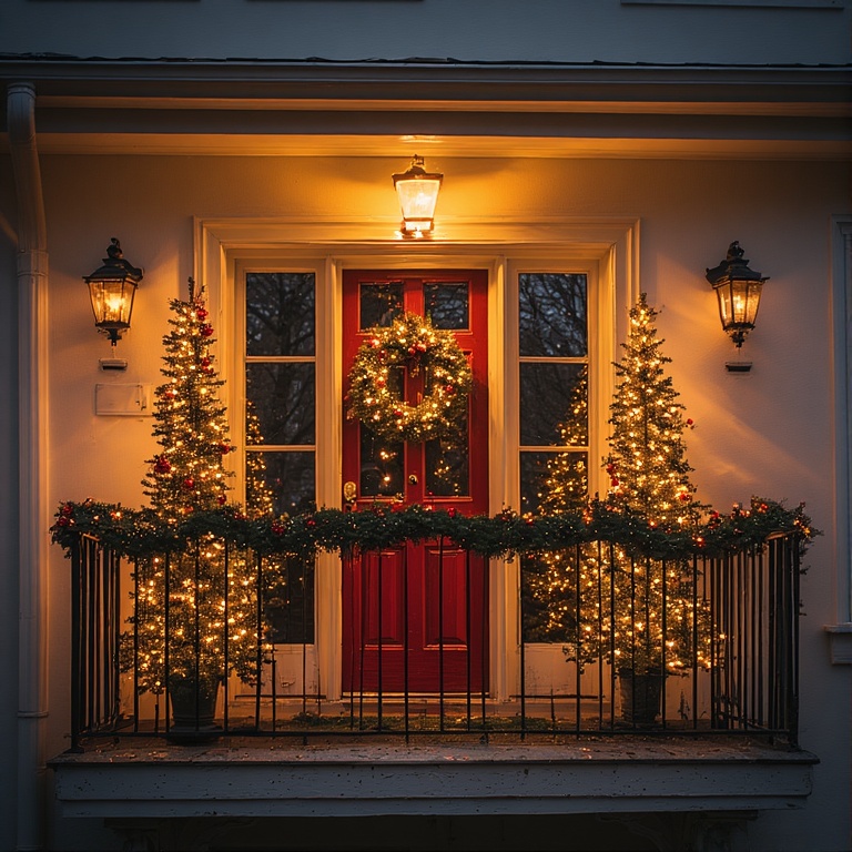 Focus on the Door: Your balcony door is the centerpiece. Frame it with two small, decorated trees or lighted topiaries to create a grand entrance. 