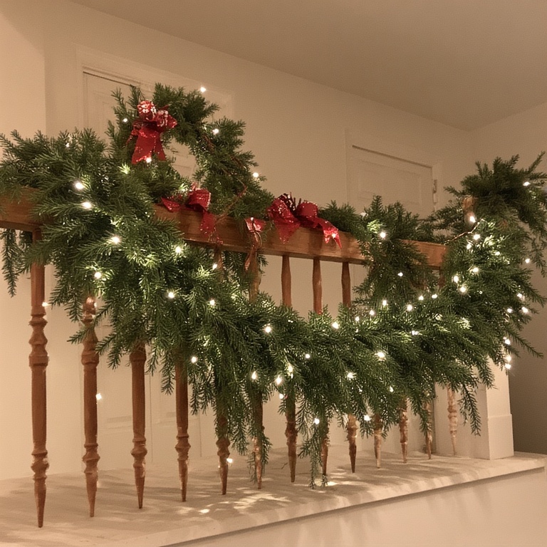 Combine two ideas into one. Wrap a simple evergreen garland with mini white string lights before draping it over your railing.