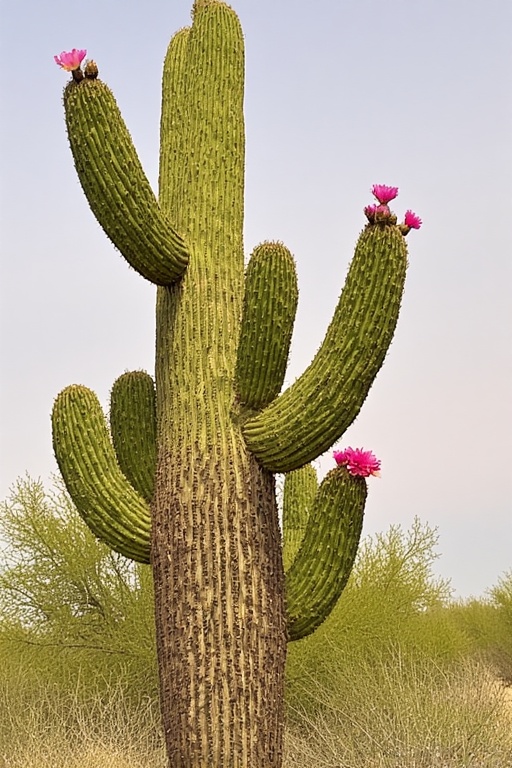 Tall Cactus with Pink Flowers - Saguaro