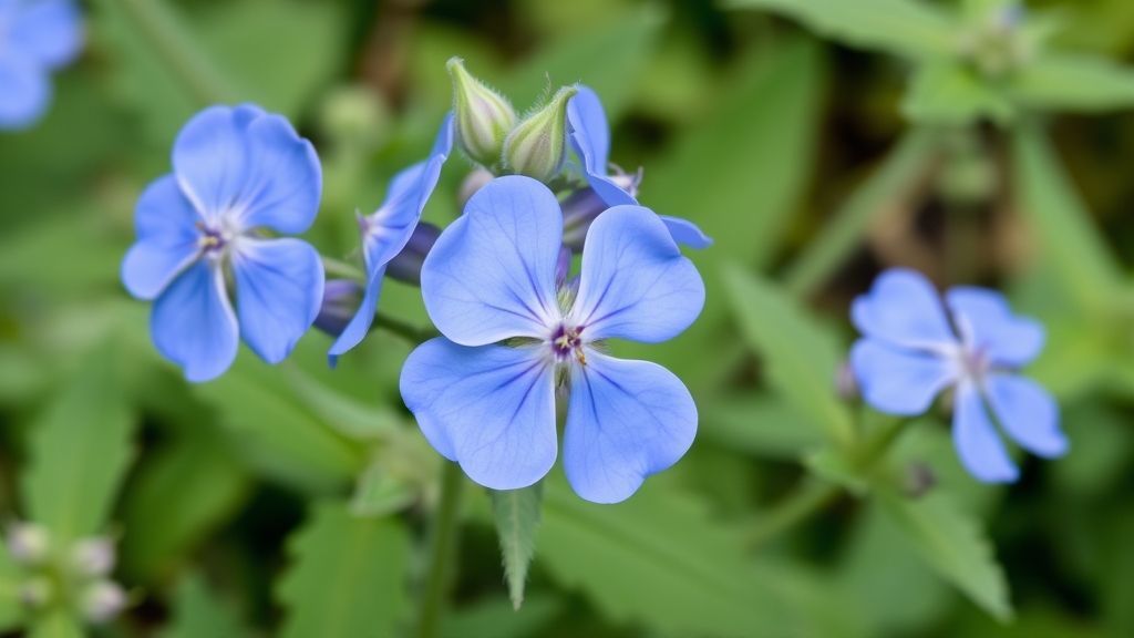 Borage features bright blue, star-shaped flowers with five rounded petals from spring to fall.