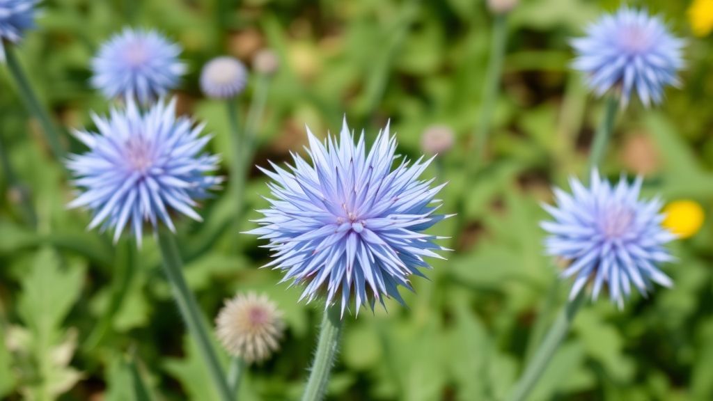 Globe Thistle (Echinops) offers spiky, blue star-shaped flowers in summer.