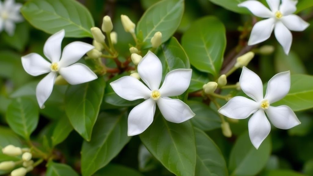 Star Jasmine (Trachelospermum jasminoides) has white, five-petaled stars in spring.