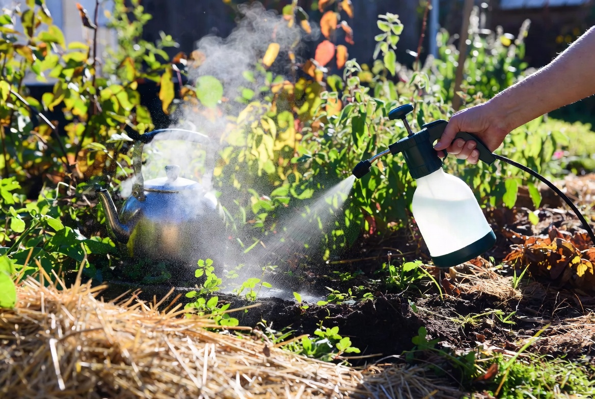A gardener uses natural weed control methods in a fall garden, with sunlight and steam in the scene.