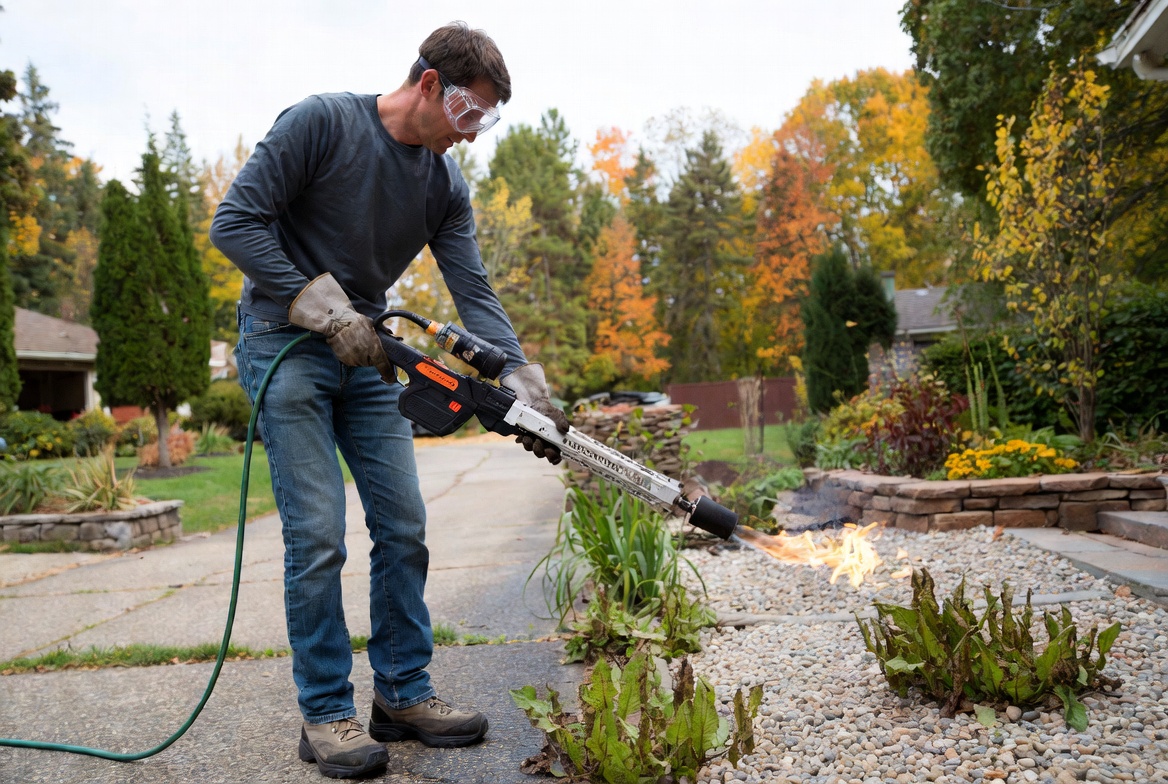 A gardener uses a propane flame weeder on weeds in an outdoor fall setting.
