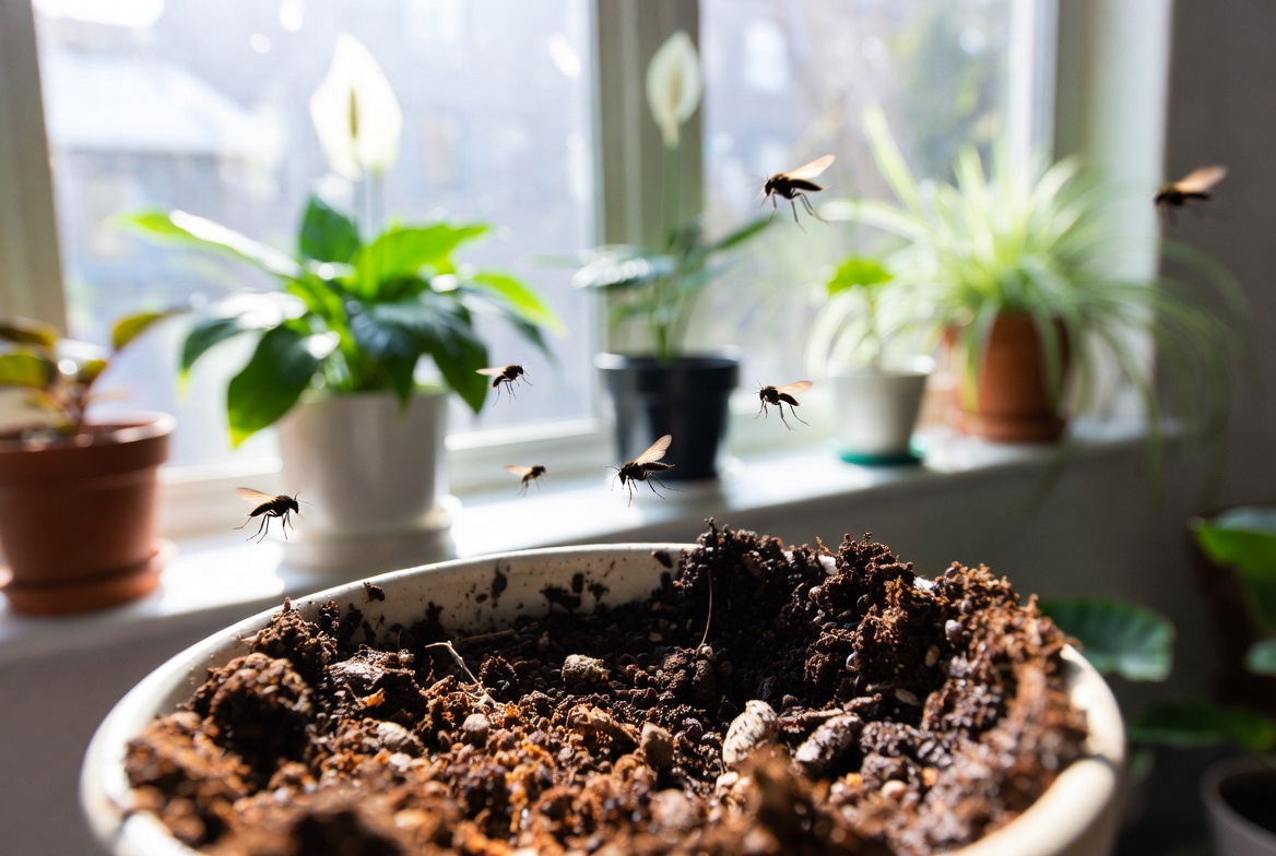 A close-up of fungus gnats around a potted houseplant, with background plants in a humid indoor setting.