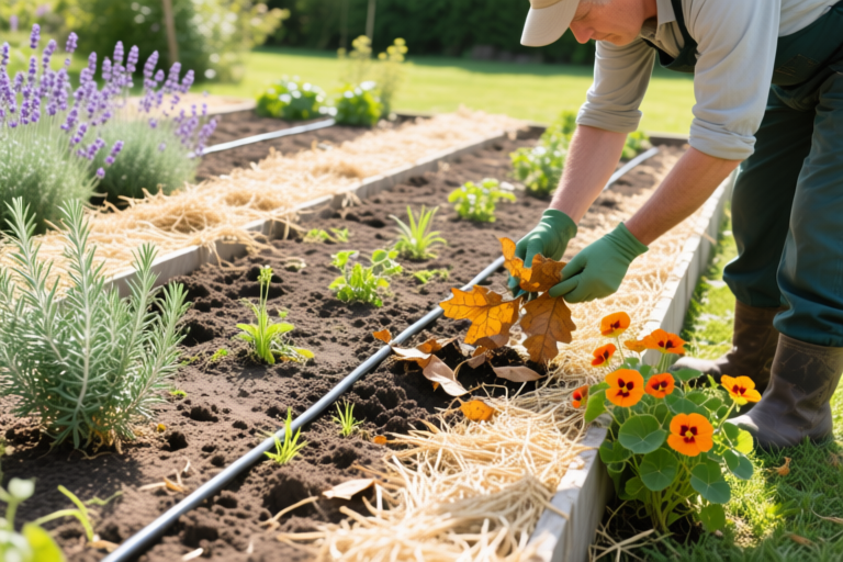 Garden scene showing clean soil with no debris, a gardener removing old leaves, open spacing between plants, and minimal weeds. Drip irrigation lines running along garden beds with dry soil on the surface. Rosemary, lavender, and nasturtiums planted as borders. Light winter mulch made of dry straw spread in a thin layer. Bright daylight, clear details, natural colors.