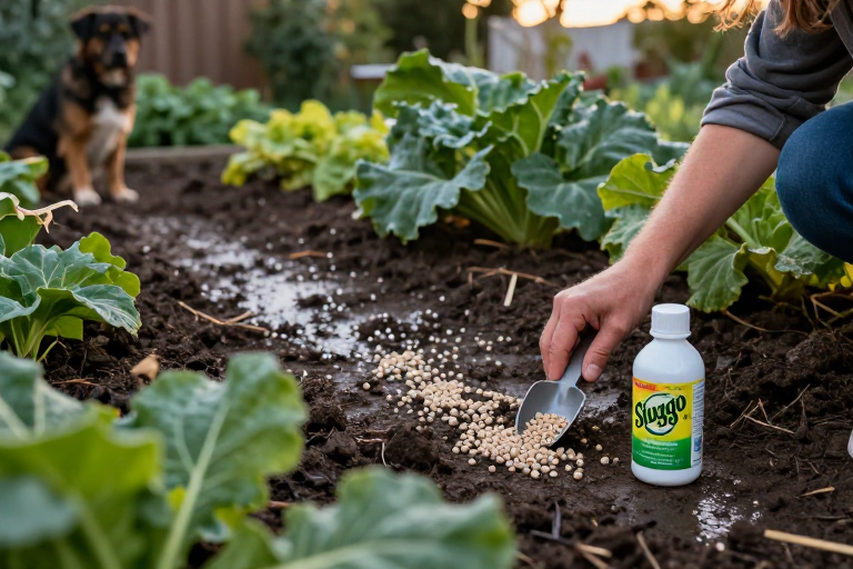 Garden with organic iron phosphate slug bait scattered lightly around vegetable plants. Close up view of pellets labeled as an organic brand like Sluggo. Evening light. A gardener applying bait with a small scoop. Area size shown to suggest wide coverage of about 1,000 square feet. Wet soil patches indicating recent rain. A pet sitting safely nearby. No metaldehyde products visible.