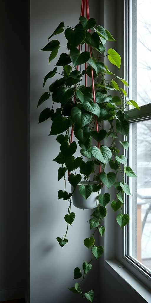 Photorealistic indoor plant scene near a dark winter window, Heartleaf Philodendron in a simple hanging planter, cascading vines with smooth heart-shaped deep green leaves, soft indirect daylight from an overcast winter sky, low-light indoor atmosphere, minimal interior styling, neutral walls, gentle shadows, realistic leaf texture, calm cozy mood, no people, vertical composition, high detail, natural color tones, houseplant thriving in dim conditions